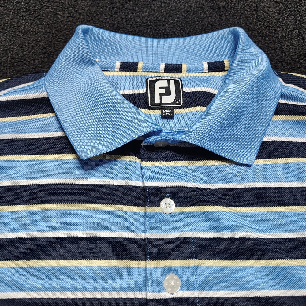 FootJoy Athletic Fit Blue Striped Short Sleeve Gold Polo Shirt Men's Size Large